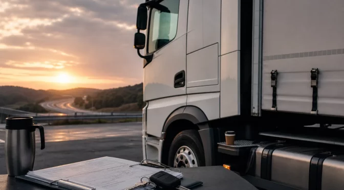 Cabina di camion articolato bianco al tramonto in area di sosta con manifesto di consegna e chiavi — aprire un'impresa di autotrasporti