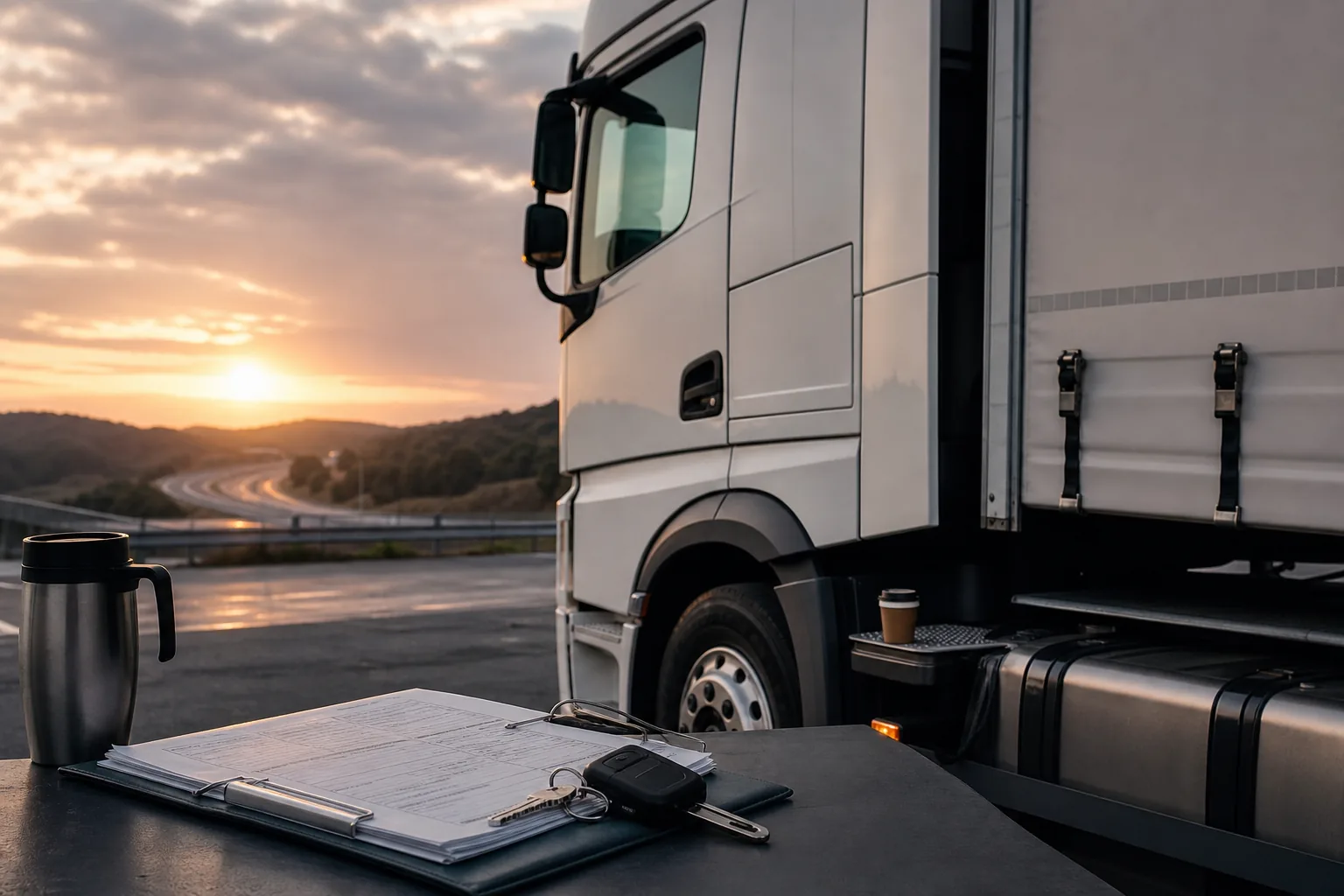 Cabina di camion articolato bianco al tramonto in area di sosta con manifesto di consegna e chiavi — aprire un'impresa di autotrasporti