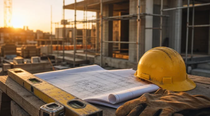 Elmetto giallo, planimetria, livella e guanti da lavoro su banco in cantiere al tramonto — aprire un'impresa edile