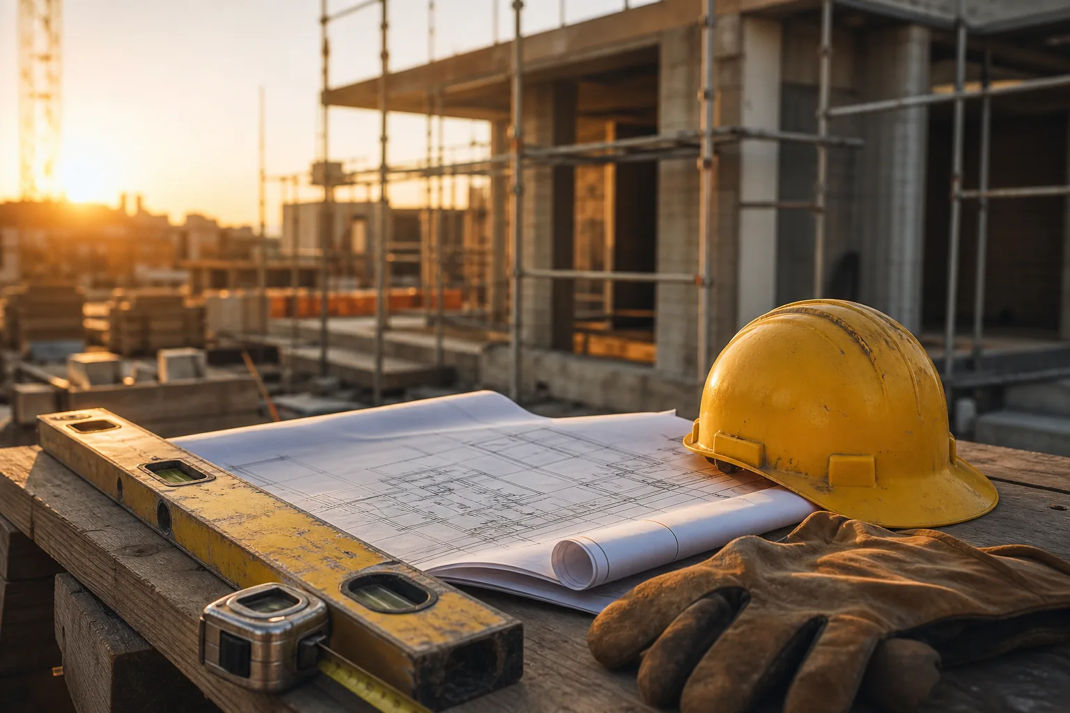 Elmetto giallo, planimetria, livella e guanti da lavoro su banco in cantiere al tramonto — aprire un'impresa edile