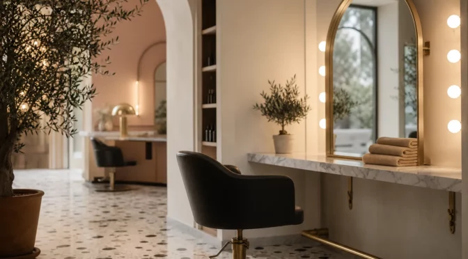 Poltrona di parrucchiere davanti a specchio ad arco con luci calde e bancone in marmo — aprire un salone di parrucchiere