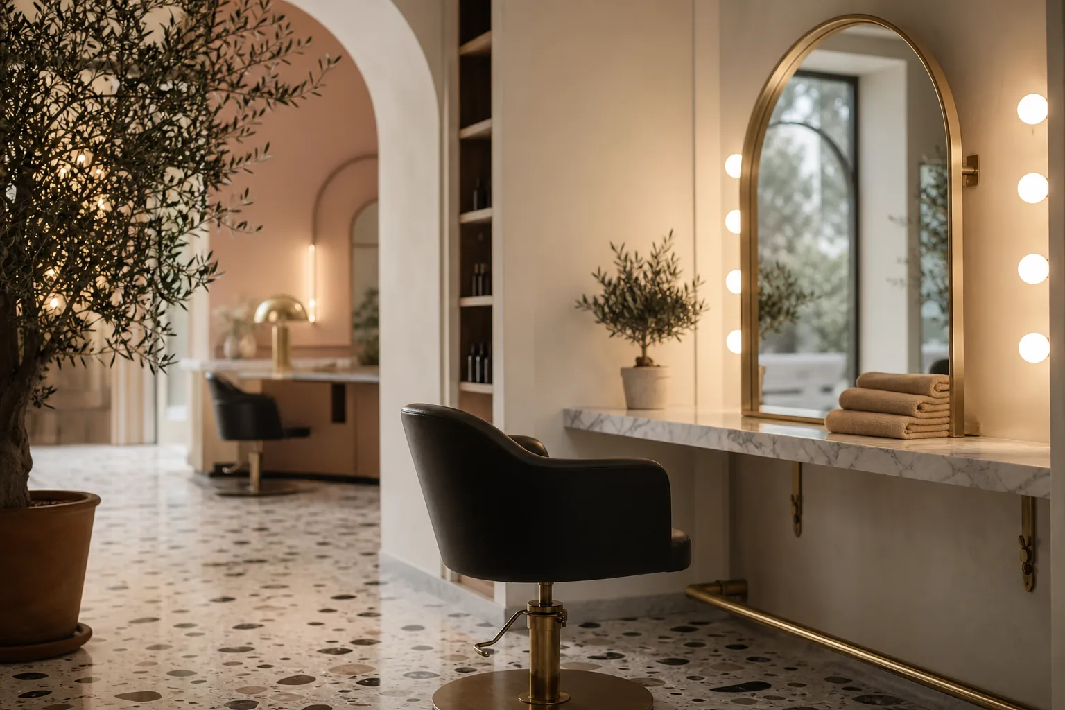 Poltrona di parrucchiere davanti a specchio ad arco con luci calde e bancone in marmo — aprire un salone di parrucchiere