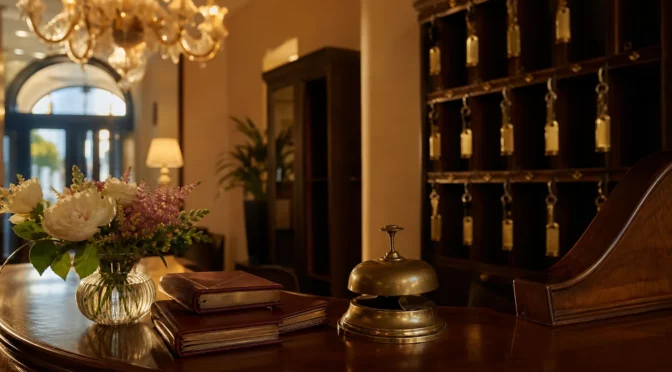 Bancone reception di hotel boutique italiano con campanello in ottone, chiavi e registro ospiti — aprire un hotel in Italia