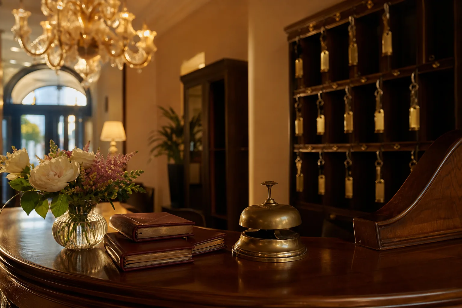 Bancone reception di hotel boutique italiano con campanello in ottone, chiavi e registro ospiti — aprire un hotel in Italia