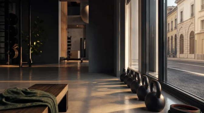 Palestra moderna con kettlebell allineati e panca in legno alla luce del mattino — aprire una palestra in Italia