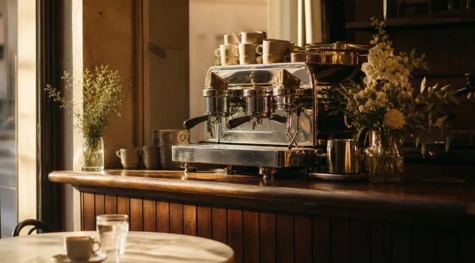 Macchina per espresso in ottone su bancone in legno di una caffetteria italiana al mattino — aprire un bar in Italia