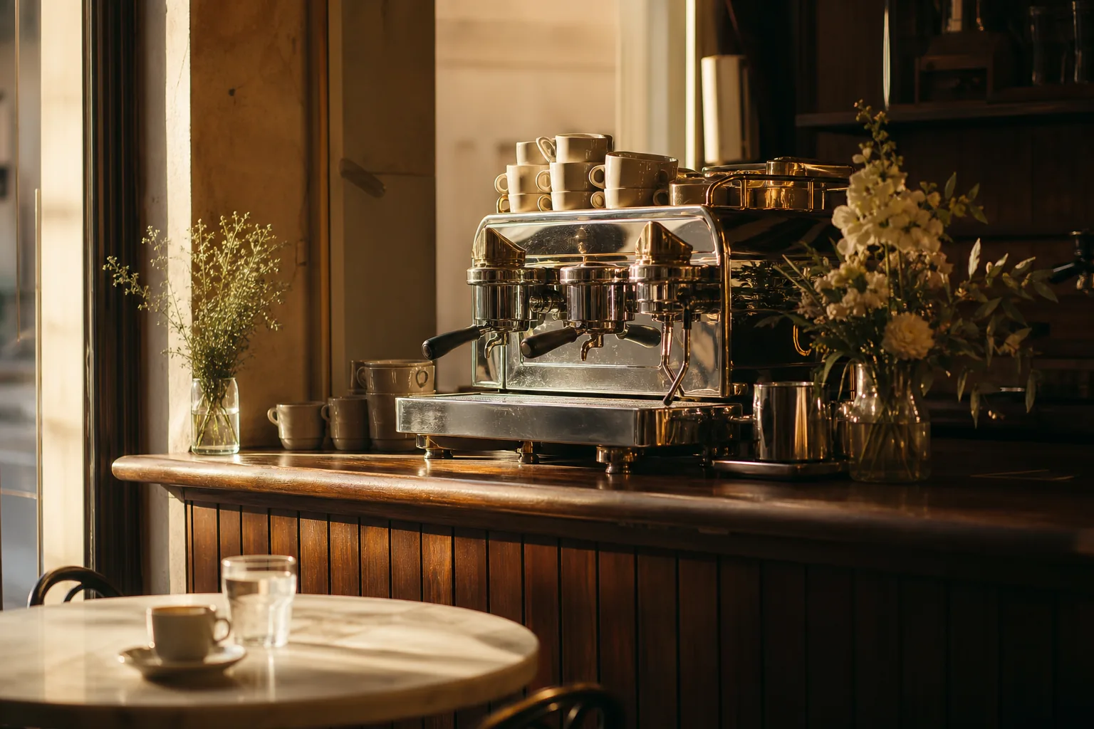 Macchina per espresso in ottone su bancone in legno di una caffetteria italiana al mattino — aprire un bar in Italia