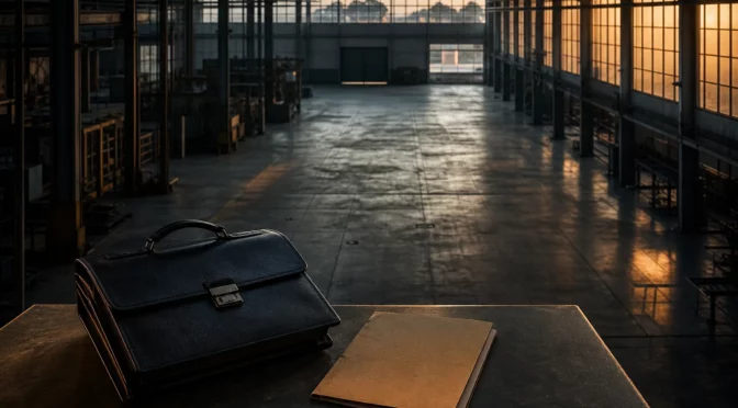 Sala industriale vuota di un'azienda in liquidazione giudiziale con cartellina di documenti