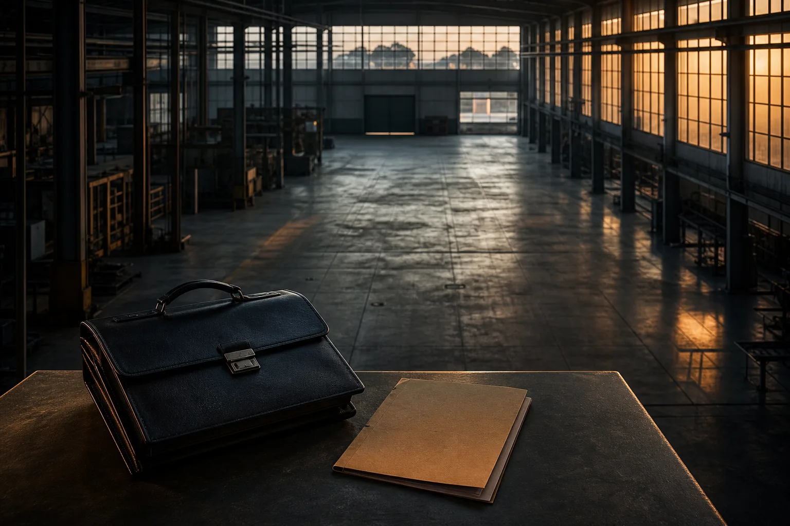 Sala industriale vuota di un'azienda in liquidazione giudiziale con cartellina di documenti