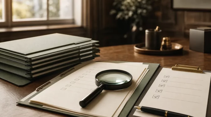 Cartelline di due diligence aperte con lente d'ingrandimento e checklist — analisi pre-acquisizione