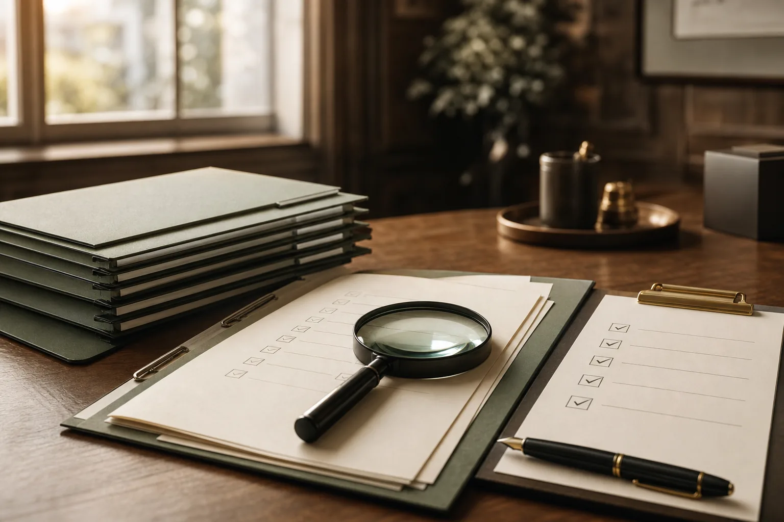 Cartelline di due diligence aperte con lente d'ingrandimento e checklist — analisi pre-acquisizione