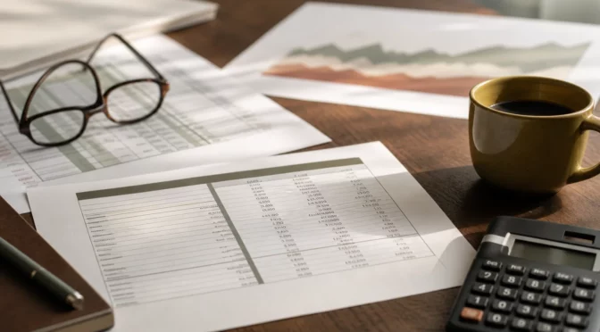 Bilancio, calcolatrice e caffè su una scrivania — calcolo dell'EBITDA in un'operazione M&A