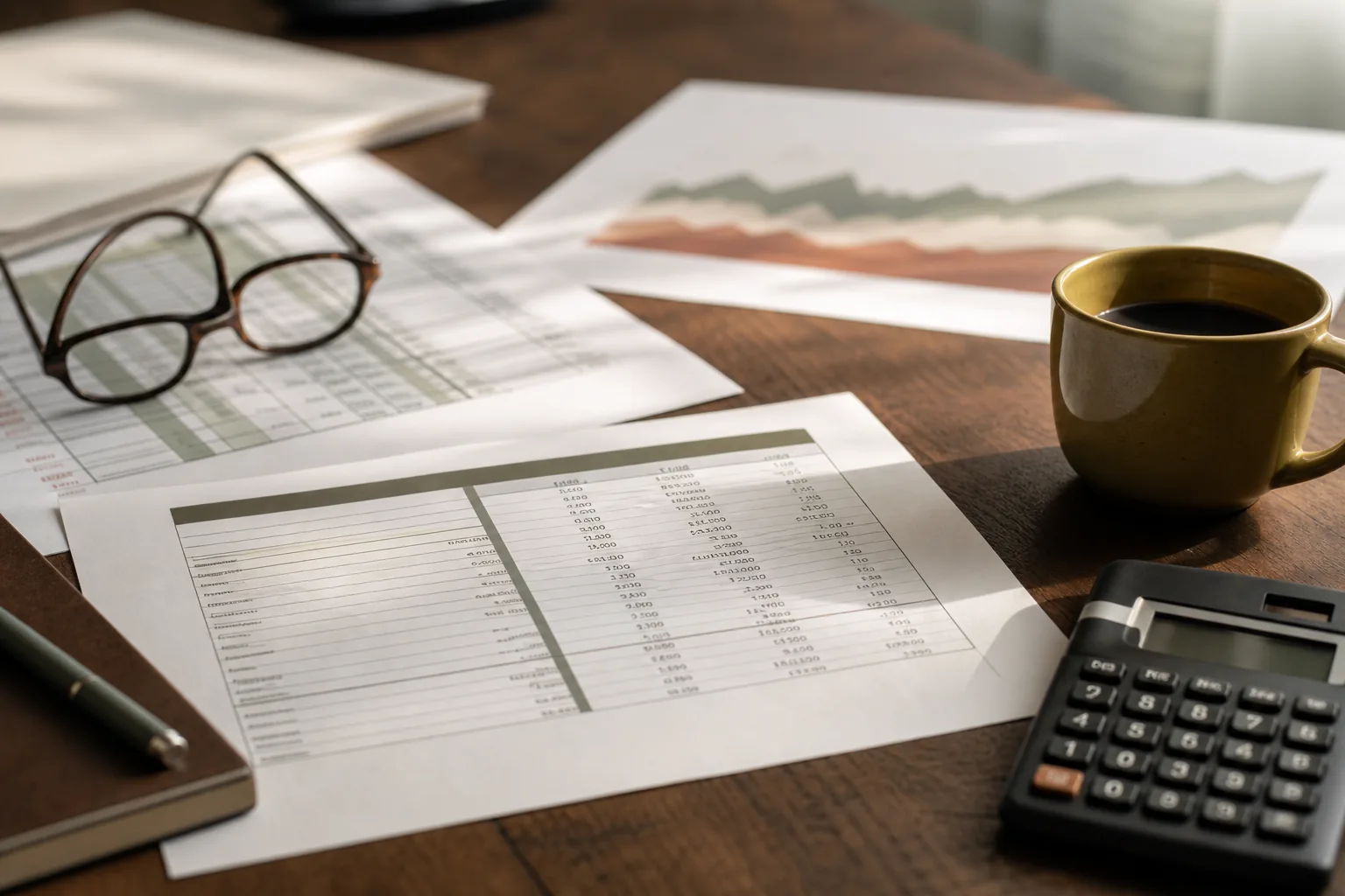 Bilancio, calcolatrice e caffè su una scrivania — calcolo dell'EBITDA in un'operazione M&A