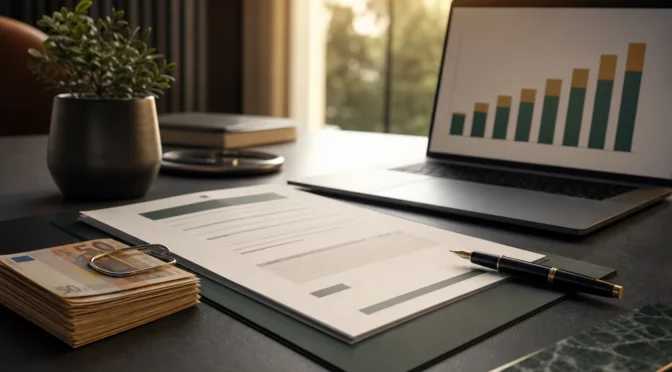 Scrivania con banconote in euro, term-sheet, laptop con grafico e piante — finanziamento dell'acquisto di un'azienda