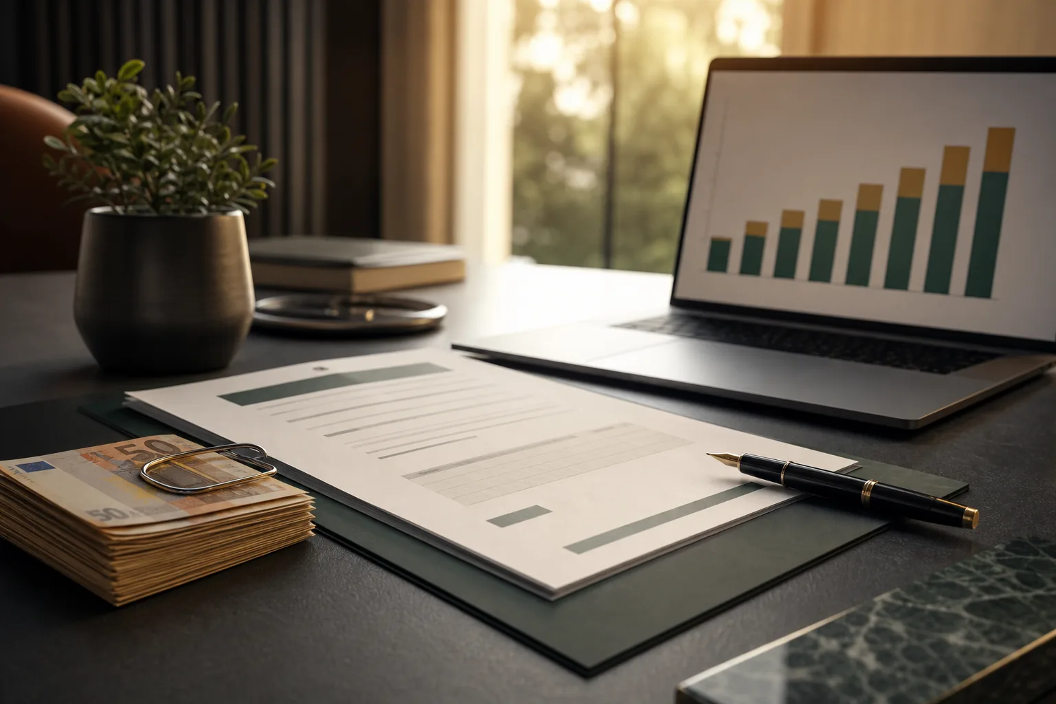Scrivania con banconote in euro, term-sheet, laptop con grafico e piante — finanziamento dell'acquisto di un'azienda