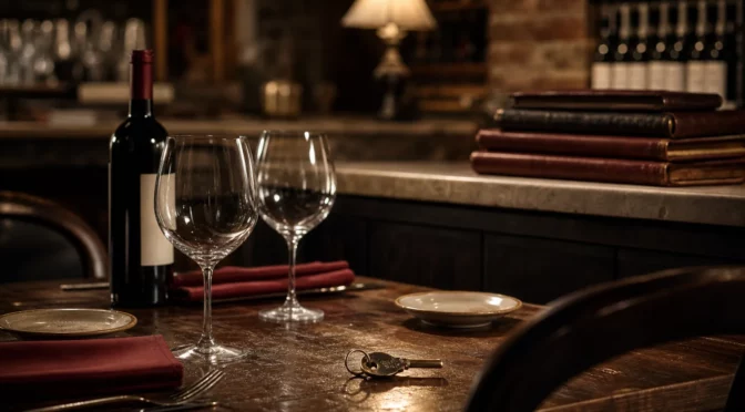 Tavolo di ristorante italiano apparecchiato con bottiglia di vino, calici e chiavi — rilevare un ristorante avviato