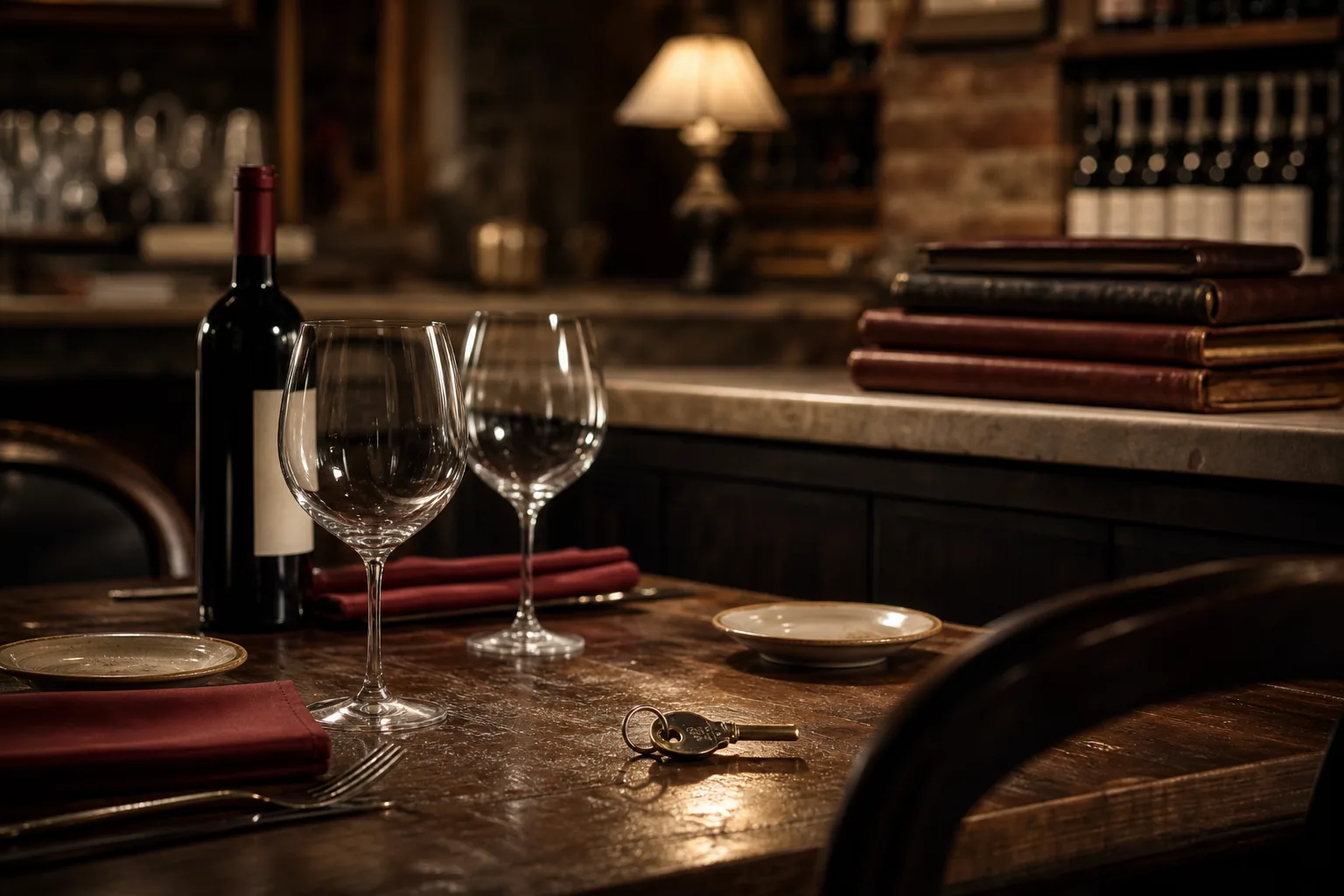 Tavolo di ristorante italiano apparecchiato con bottiglia di vino, calici e chiavi — rilevare un ristorante avviato