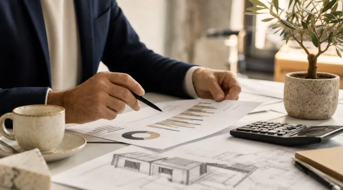 Imprenditore analizza un report di valutazione aziendale con calcolatrice e documenti finanziari