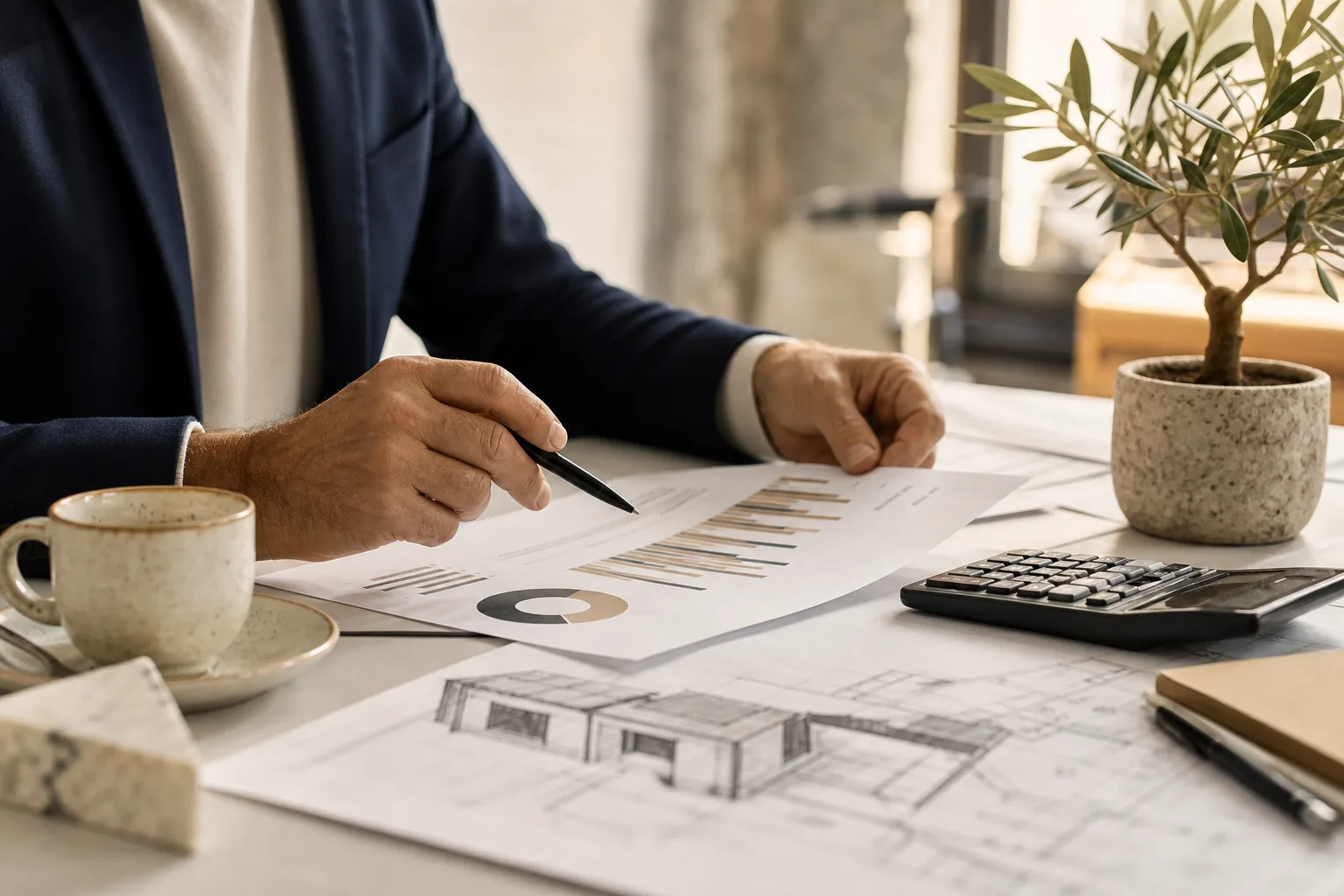 Imprenditore analizza un report di valutazione aziendale con calcolatrice e documenti finanziari