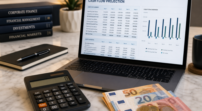 Calcolatrice e grafici finanziari con proiezioni di flussi di cassa e monete in euro
