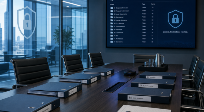Sala riunioni moderna con documenti organizzati e schermo che mostra la struttura di una data room
