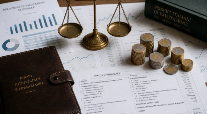 Grafici finanziari e bilancia in ottone con monete in euro su scrivania